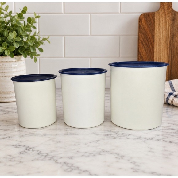 Tupperware Other - Vintage Tupperware One Touch Canister Set White Blue Lids Set of 3